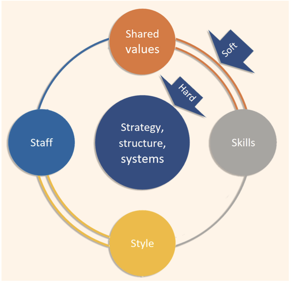 Figure 1. The analysis of an organization: McKinsey 7S Model (adapted according to https://gmbusiness.biz/analiza-organizacije-mckinsey-7s-model/#prettyPhoto/0/).
