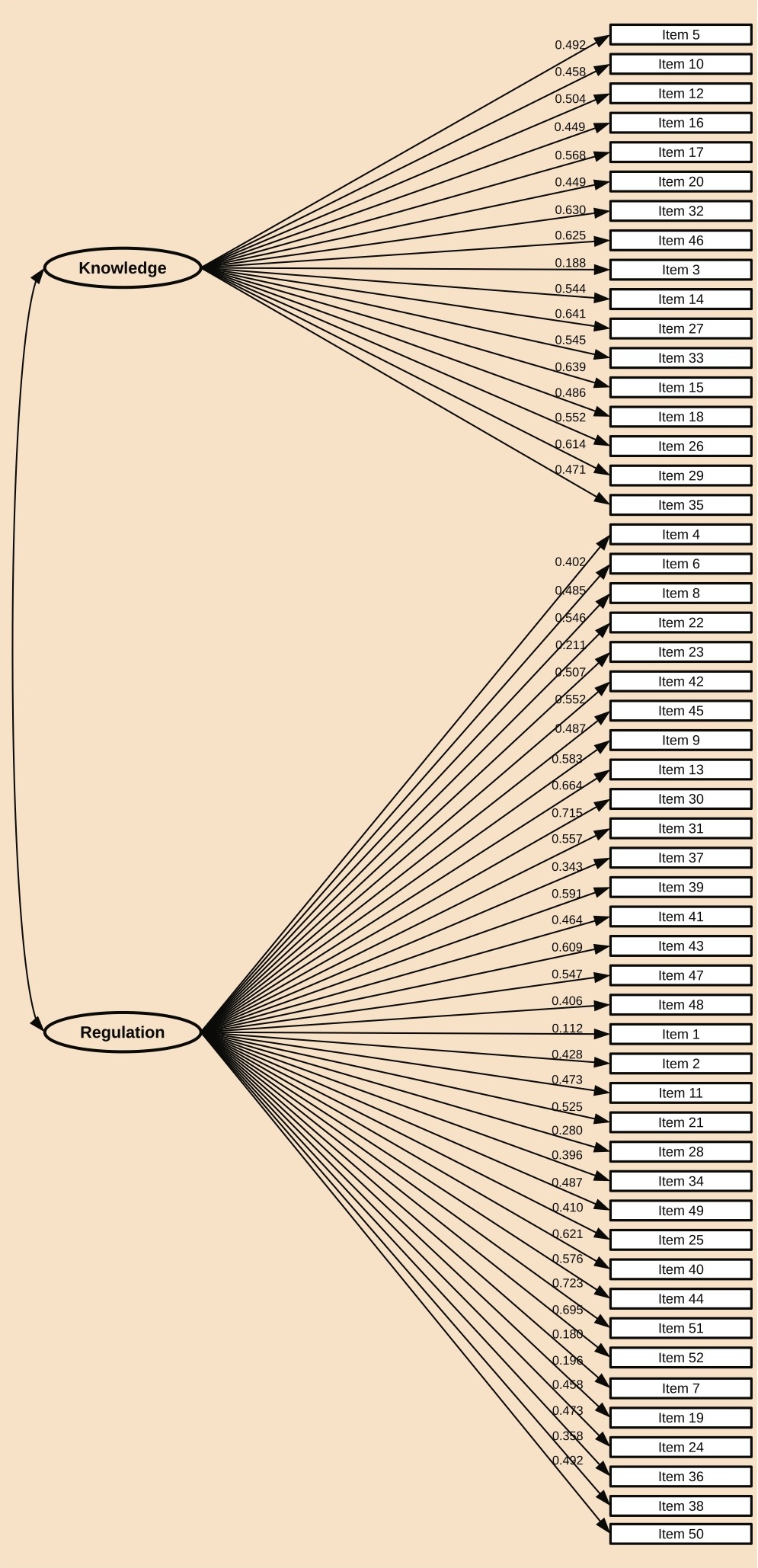 Figure 2. Standardized factor loadings for the MAI questionnaire in the Serbian language for the two-factor model